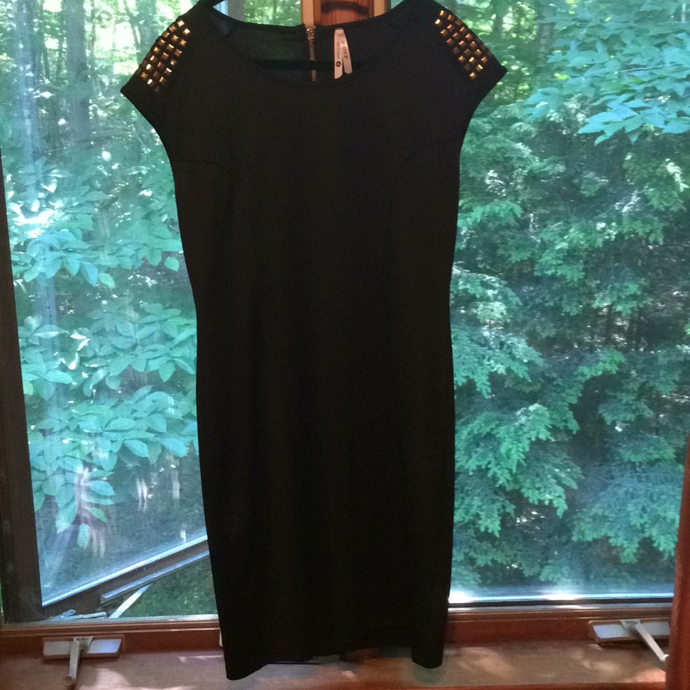 Black dress; gold zipper & shoulder embellishments